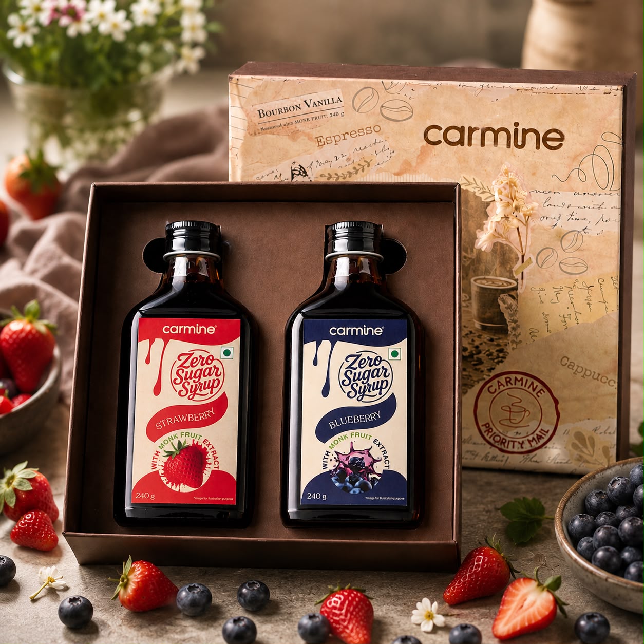 Zero Sugar Syrups Gift Pack | Strawberry and Blueberry | 240 g each