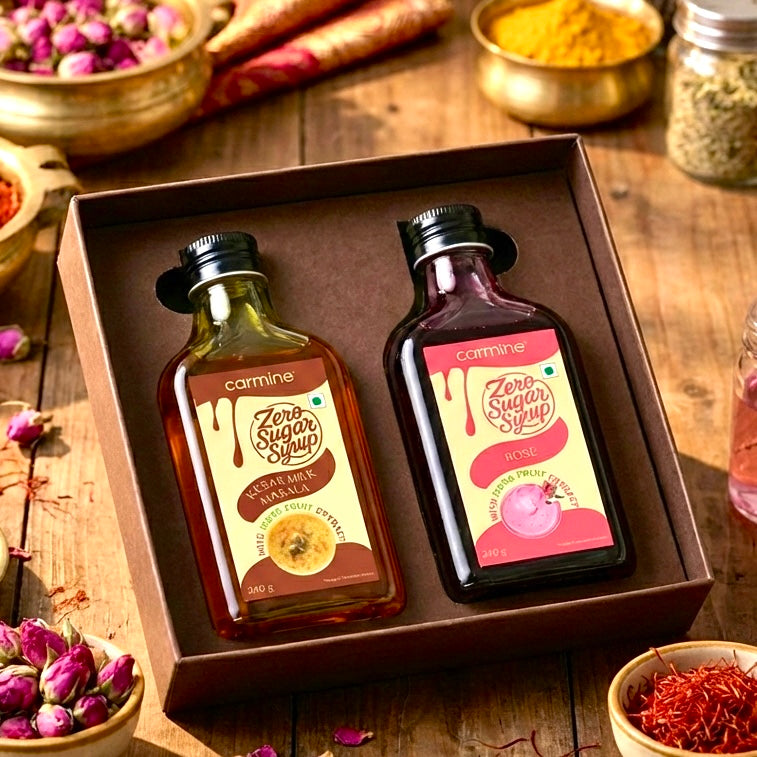 Zero Sugar Syrups Desi Flavours Gift Pack | Kesar Milk Masala and Rose Syrup | 240 g each